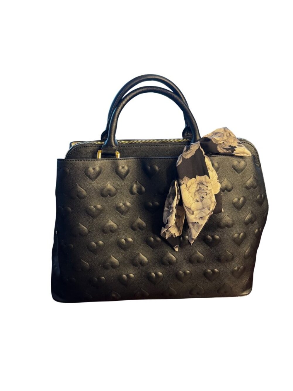 Betsey Johnson Embossed Hearts Black Handbag Gold Hardware Floral Lining - Picture 1 of 10